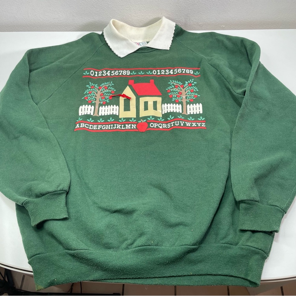 VTG 90s Blooming & Co Collared Country Cottage Lg Green Sweatshirt School Apple